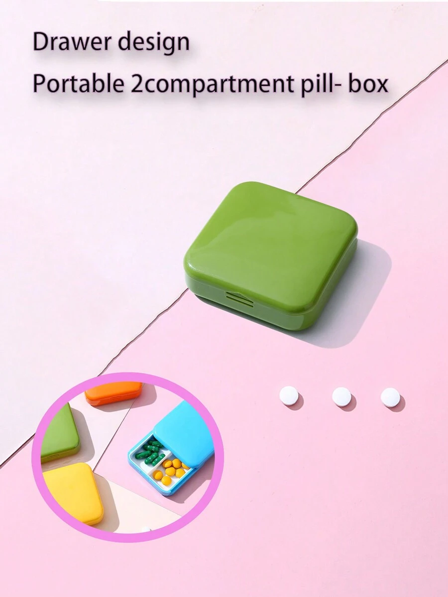 1pc Portable Square Push-Pull 2-Compartment Pill Box, Cartoon Colored Mini Sealed Dustproof Pill Organizer - Green - View 1