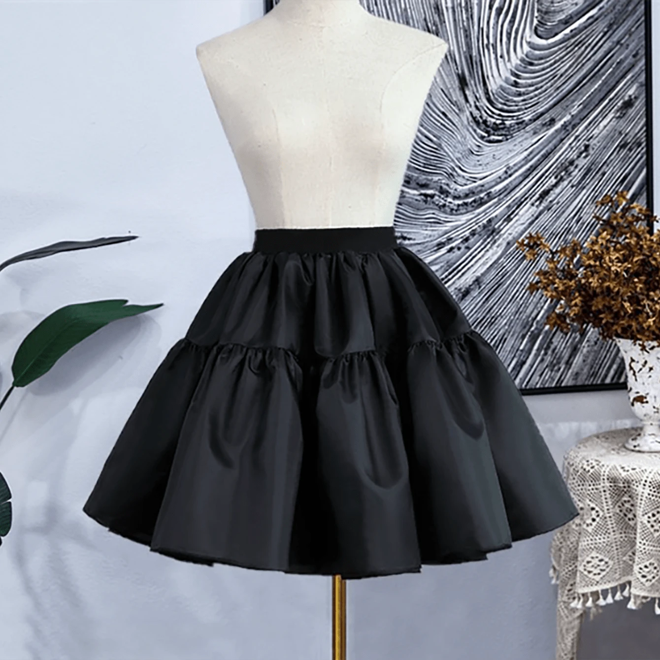 Enagua de novia de 2 niveles estilo Lolita en color negro, falda interior de tela de satén sin rebote para cosplay, falda con volantes en forma de campana, para ropa de mujer en otoño - Negro - Ver 1
