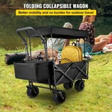 SKYSHALO Collapsible Garden Cart W/ Removable 600D Oxford Canopy, Extra Large Folding Utility Wagon Carts 220lbs Load W/ 7" Wheels, Heavy Duty Outdoor All Terrain Beach Wagon For Camping, Shopping, Picnic, Sports