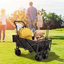 SKYSHALO Collapsible Garden Cart W/ Removable 600D Oxford Canopy, Extra Large Folding Utility Wagon Carts 220lbs Load W/ 7" Wheels, Heavy Duty Outdoor All Terrain Beach Wagon For Camping, Shopping, Picnic, Sports