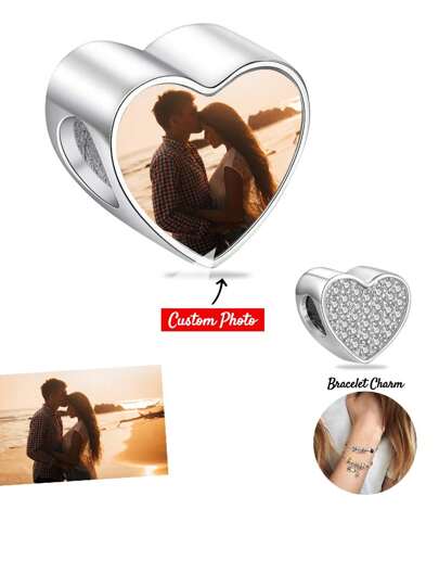 A Personalized Photo Bracelet/Pendant, Perfect For Women, Mothers, Or As A Photo Necklace/Ankle Pendant. Featuring Heart-Shaped, Round, And Square Beads Set With Cubic Zirconia, It's Also A Great Gift For Daughters, Girlfriends, Wives, Or Best Friends.