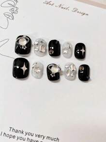10入組手工堆疊鑽石短款假指甲套裝,浪漫星空設計,適用於日常、派對、跳舞等場合 - 黑色 - 查看 2