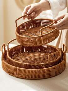 1pc,Rattan Tray Bread Basket Rattan Basket Rattan Woven Basket Plastic Storage Basket Set Plate Fruit Basket - Brown - View 7