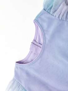 Young Girl Pleated Heart Design Screw Neck Short Sleeve Dress, 2024 New Summer Gradient Mesh Princess Dress
