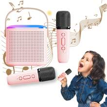 迷你兒童卡拉ok機,帶有led燈光的可攜式扬聲器,配有無線麥克風,適合女孩和男孩生日禮物（粉色2麥克風） - 粉色 - 查看 10