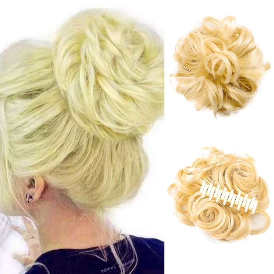 優雅風格,女式時尚蓬鬆包頭頭套,夾式頭套,亂糟發型,合成高溫耐受材料,適合日常穿著（金色）