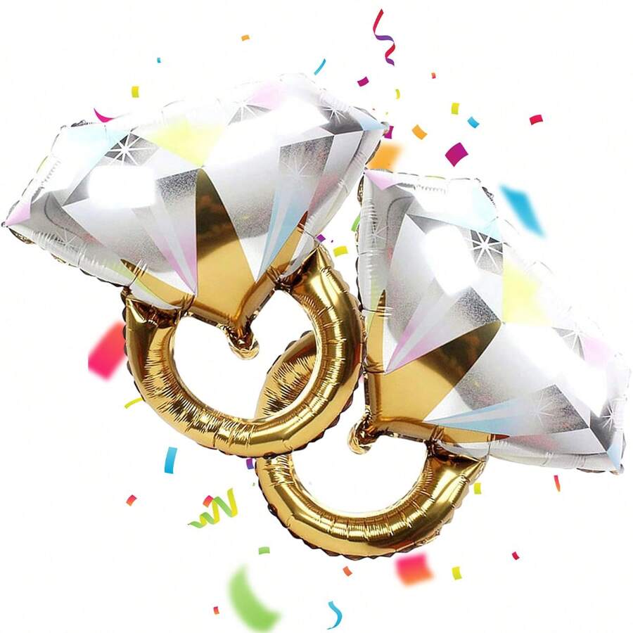 2/4 件婚礼装饰水钻戒指铝箔气球，订婚戒指和结婚戒指形状聚酯薄膜气球，新娘送礼会单身派对用品，圣诞节