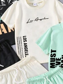 3 pièces le set: T-shirt à manches courtes avec imprimé lettres pour jeune garçon et short