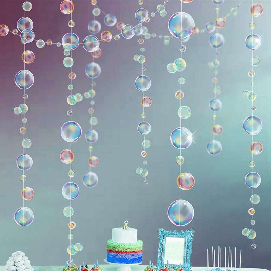 4个透明泡泡花环美人鱼派对装饰，彩色扁平镂空挂饰，适用于生日、洗礼、婚礼、海洋主题墙贴、婴儿派对、水下节日、儿童拍照道具、家居装饰、房间装饰、墙面装饰礼品、毕业典礼 - 彩色 - 查看 1