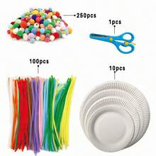 361 件艺术和管道清洁器工艺品用品、毛绒线、材料工艺品套装（带管道清洁器工艺品）、100 件浅混合雪尼尔茎、250 件绒球、10 件 6 英寸纸盘、1 把剪刀（颜色随机）、套件艺术用品、管道清洁器雪尼尔茎 6 毫米 X 12 英寸管道清洁器工艺品用品，用于艺术 DIY 工艺品装饰、工艺品管道清洁器、管道清洁器工艺品、艺术和工艺品用品，适合手工艺爱好者和初学者 - 淺混 - 查看 3