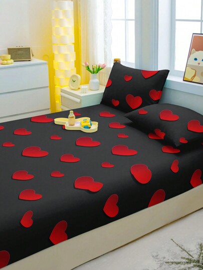1pc Exciting Heart Printed Brushed Fitted Sheet, Bedroom Used Printed Bed Cover, Bedding (Pillowcase Not Included)