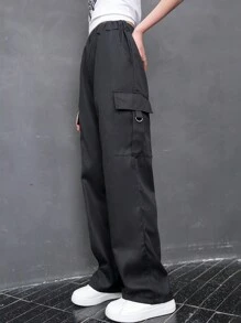 適合所有季節的青少女休閒時尚純色多功能褲 - 黑色 - 查看 1