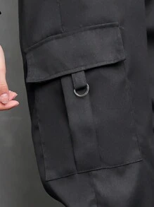適合所有季節的青少女休閒時尚純色多功能褲 - 黑色 - 查看 5