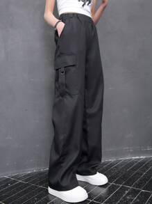 適合所有季節的青少女休閒時尚純色多功能褲 - 黑色 - 查看 2