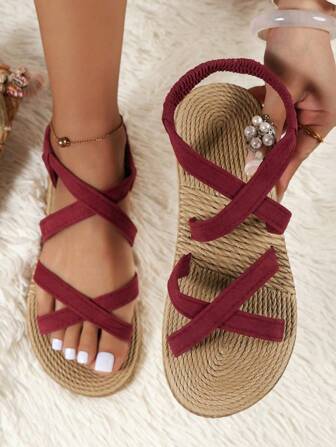 Women's Versatile Casual Flat Sandals, Crossover Design Comfortable Slippers, Slouchy Style Suitable For Beach, Hawaii, Summer