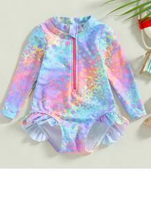 Kids Young Girl Swimsuit One-Piece Long Sleeve Rash Guard Zipper Bathing Suit Leopard Beach Wear