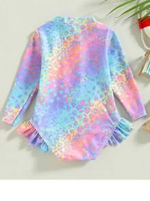 Kids Young Girl Swimsuit One-Piece Long Sleeve Rash Guard Zipper Bathing Suit Leopard Beach Wear