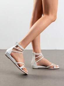 Women's Ankle Strap Rhinestones Low Wedge Sandals - trắng - Xem 3