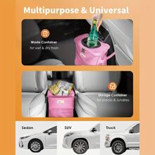 ZukMi Car Trash Can With Lid And Storage Pockets - 100% Leak-Proof Organizer, Waterproof Garbage Can, Multipurpose Trash Bin For Car, 2 Gallons, Pink