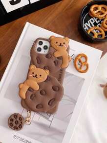 Lindo estuche protector de silicona con diseño de osito pequeño de galleta 3D apilada, compatible con Apple iPhone 11/12/13/14/15 Pro/Pro Max - Marrón - Ver 1