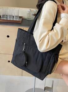 時尚大容量帆布手提袋,適用於大學 - 黑色 - 查看 1