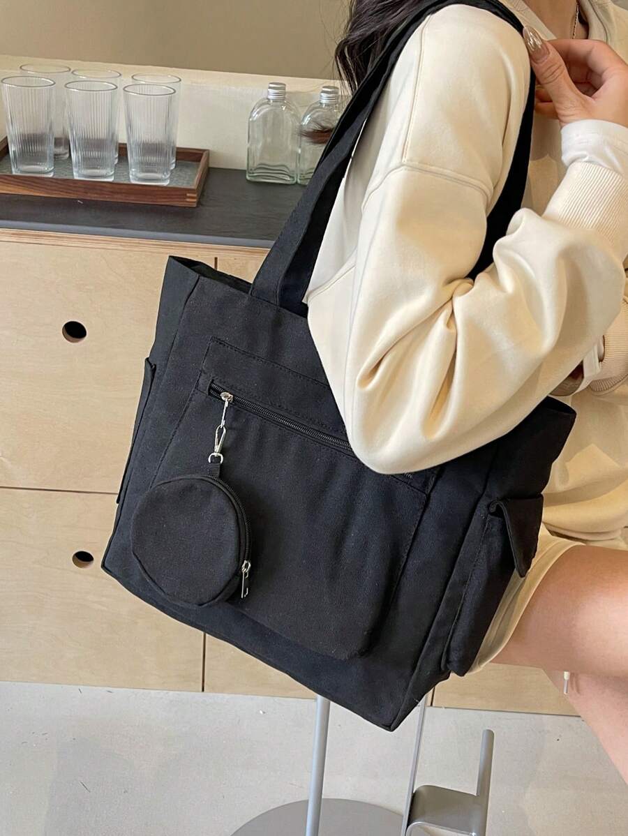 時尚大容量帆布手提袋,適用於大學 - 黑色 - 查看 1