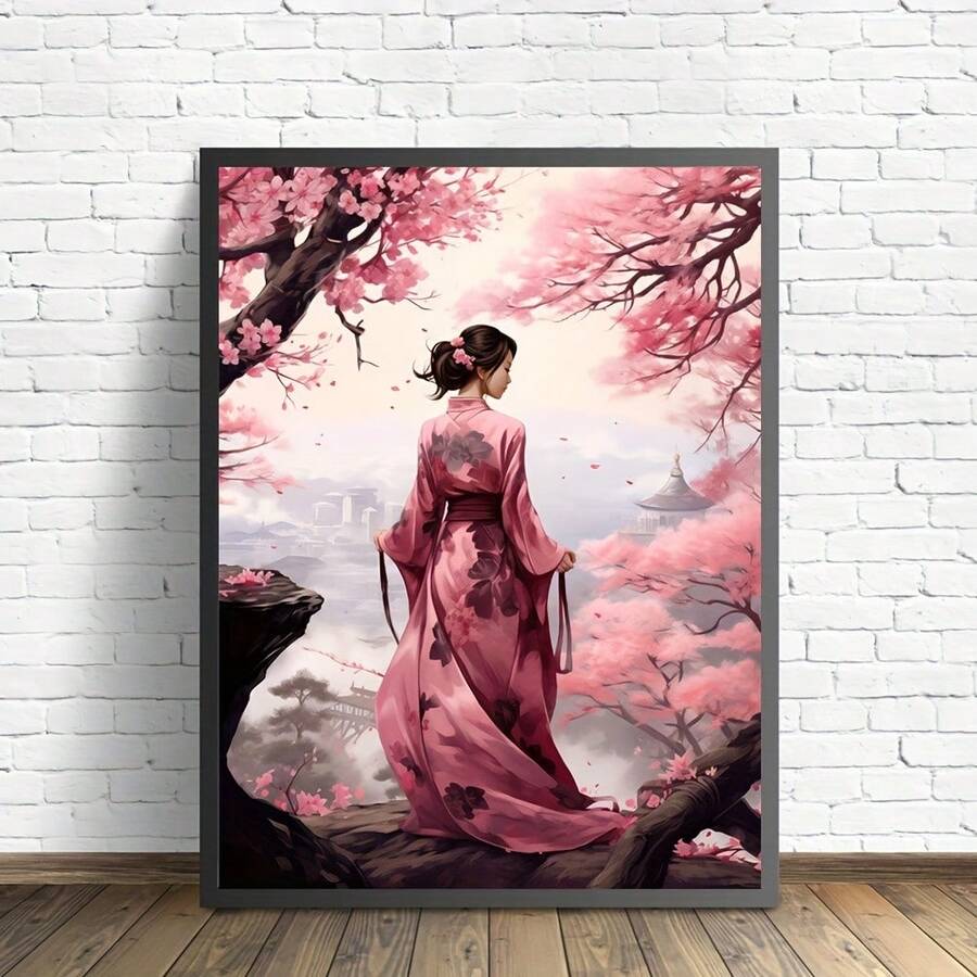 1枚帆布牆藝現代印花海報,櫻花女孩風景帆布壁畫,女孩櫻花畫作,浴室藝術壁畫,臥室辦公室客廳牆壁裝飾,春季裝飾家居裝飾 不含相框 - 粉色 - 查看 1