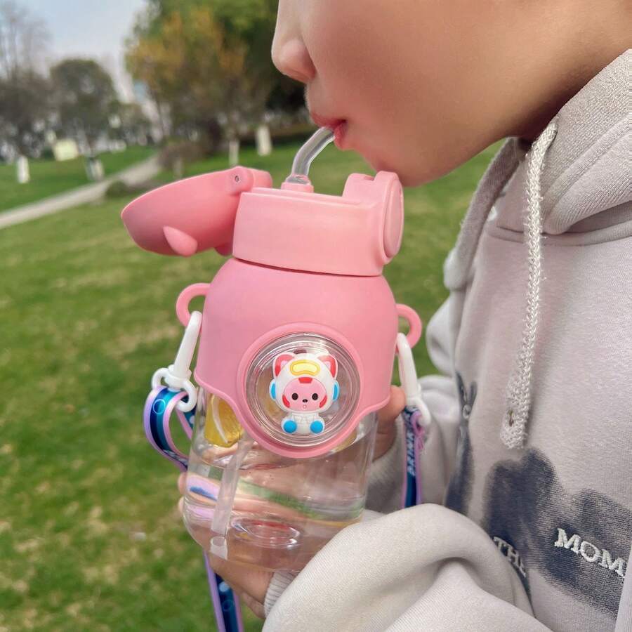 粉色太空舱水杯，吸管水瓶，DIY貼紙塑料水杯，帶繩卡通水壺