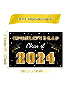 1入組100*150公分黑金畢業主題背景布橫幅，2024年畢業季畢業派對背景裝飾橫幅，適用於室內外圍欄裝飾，素材為乙烯基 - 黑色 - 查看 3