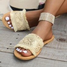 Sandalias Planas Para Mujeres Decoradas Con Pedrería Y Flecos Tejidos - Dorado - Ver 3