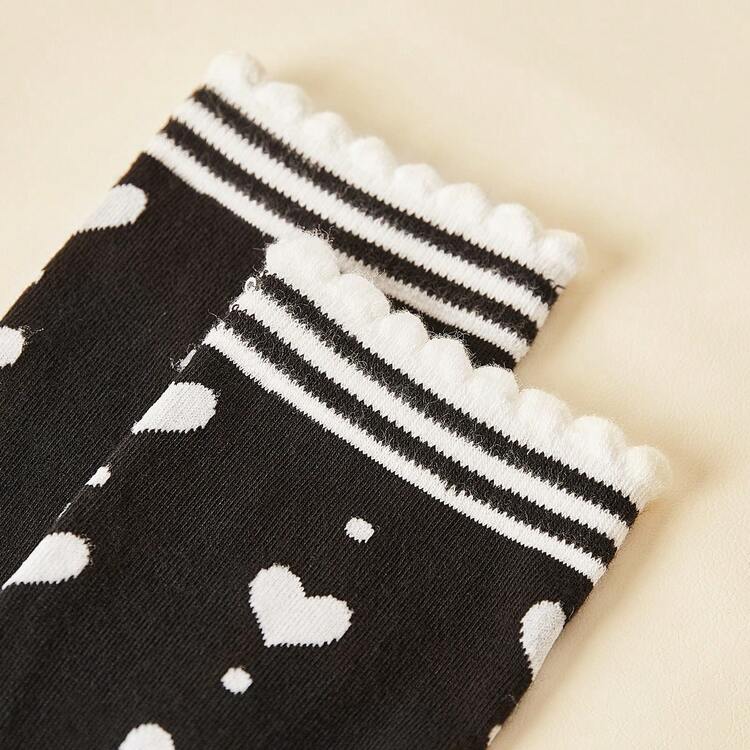 Chaussettes Hautes Pour Femme Avec Motif De Cœur Noir Et Blanc, Respirantes Et À La Mode, 5 Paires / Set - Multicolore - Voir 6