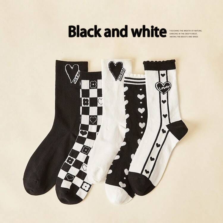 Chaussettes Hautes Pour Femme Avec Motif De Cœur Noir Et Blanc, Respirantes Et À La Mode, 5 Paires / Set - Multicolore - Voir 2