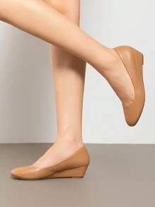 Women's Mid Wedge Heel Pumps Closed Toe Slip-On Elegant Comfortable Casual Shoes - Apricot - View 4