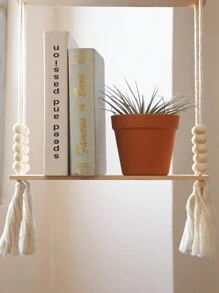 1 pieza Estantería colgante de macramé, decoración de pared estilo bohemio, estantes flotantes de madera rústica hechos a mano, estante de pared colgante, estantes flotantes de madera, para exhibir fotos, plantas, almacenamiento colgante para baño, dormitorio, sala de estar, guardería, decoración del hogar, decoración de habitación, decoración de pared - Beis - Ver 6