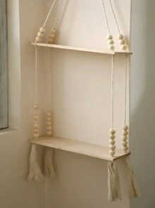 1 pieza Estantería colgante de macramé, decoración de pared estilo bohemio, estantes flotantes de madera rústica hechos a mano, estante de pared colgante, estantes flotantes de madera, para exhibir fotos, plantas, almacenamiento colgante para baño, dormitorio, sala de estar, guardería, decoración del hogar, decoración de habitación, decoración de pared - Beis - Ver 3