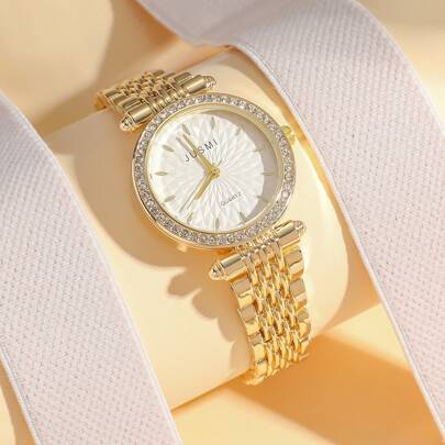 1pc Fashionable Diamond Engraved Dial Steel Strap Watch, Versatile For Daily Wear, Birthday Gift, Halloween Gift