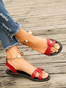 Women Flat Sandals With Beaded Decoration, Low Heel, Fashionable And Versatile For Summer Beach And Casual Wear, Red