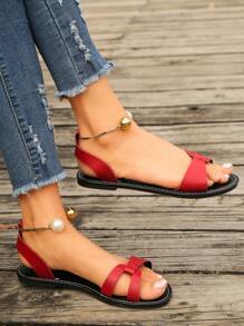 Women Flat Sandals With Beaded Decoration, Low Heel, Fashionable And Versatile For Summer Beach And Casual Wear, Red