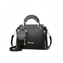 Elegante bolso con Patrones de animales lindos, bolso de hombro de PU de moda para mujer, bolso de playa de EVA impermeable con doble asa de moda, bolso portátil para deportes al aire libre, bolso de mano de natación de barco de viaje de goma de moda , Cute Letter Detail Handbag, Simple Double Handle Purse, Trendy Zipper Shoulder Bag With Adjustable Strap, Bolso De Mujer Casual Vintage De PU Bolsos Para Mujer - Negro - Ver 10