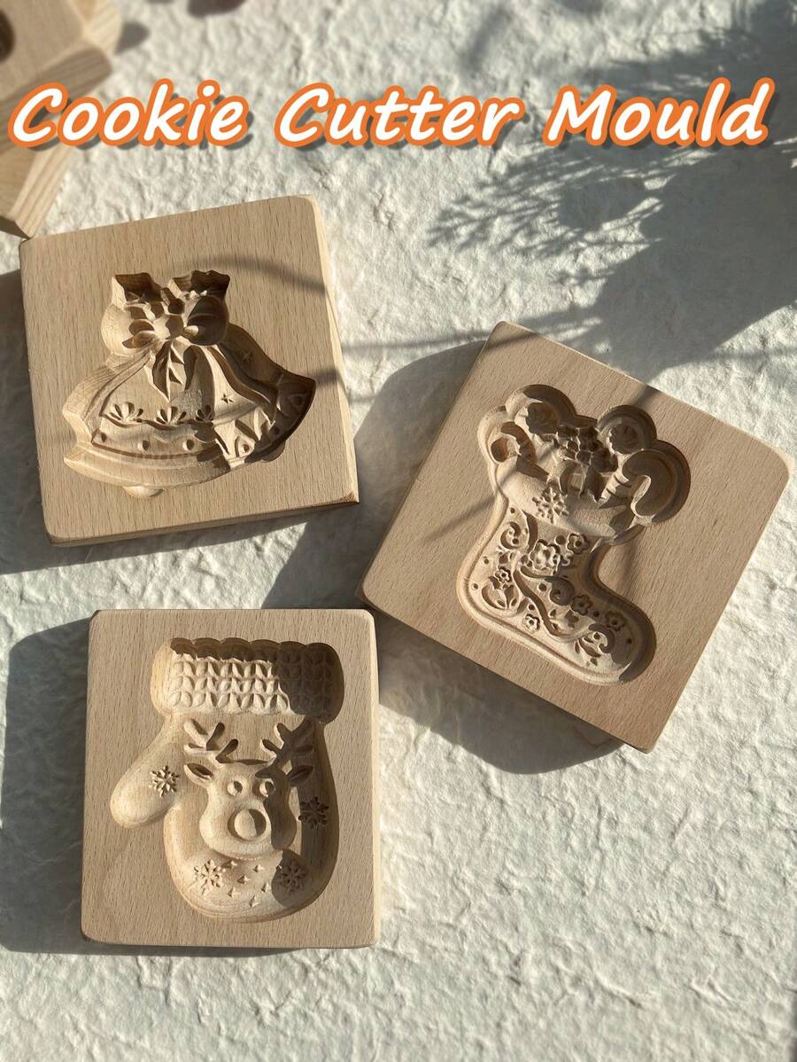 Cippes 1 Stück Holz-Keksform für Weihnachten, mit geschnitzten, geprägten 3D-Rentier-, Weihnachtsbaum- und Weihnachtsmann-Mustern, Küchenbackwerkzeuge, Fondant-Kuchen-Keks-Dekoration, DIY Keksausstecher-Formen
