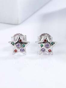 1 對時尚精緻優雅獨特 925 銀月亮星形耳環系列彩色方晶鋯石適合女士日常佩戴、生日派對、聚會、旅行、送給好朋友的生日禮物 - 銀色 - 查看 8