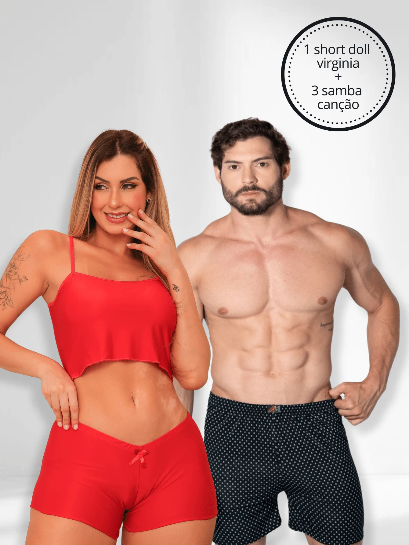 Kit 01 Short Doll + 03 Samba Canção Masculina Conjunto Homem e Mulher Casal Confortável - SHORT DOLL VIRGINIA VERMELHA + SAMBA CANÇAO VARIADA - Visão 1