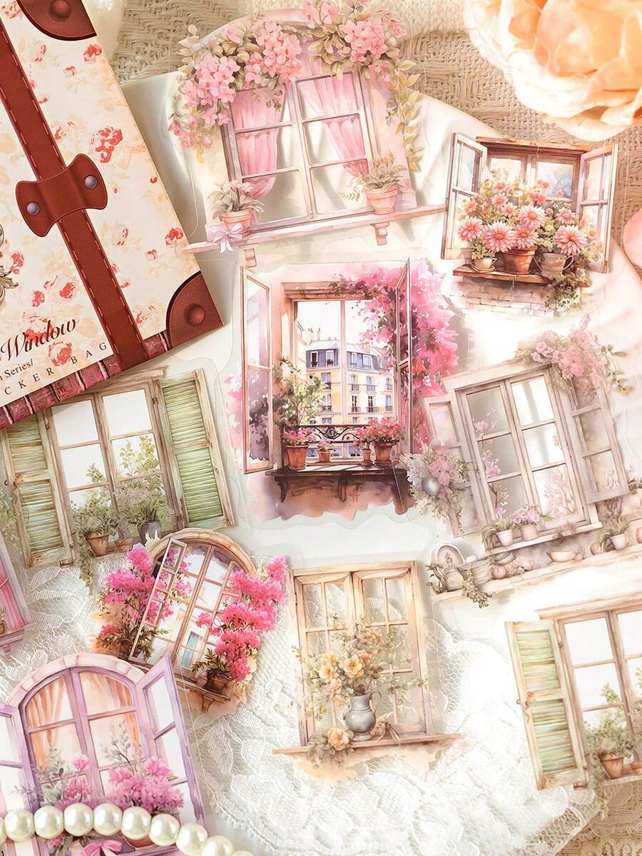 CANDY POETRY 20入組白色油墨貼紙套裝-花園綻放系列-透水印刷歐洲古堡主題貼紙,適用於耐水剪貼簿和日記裝飾 - 彩色 - 查看 1