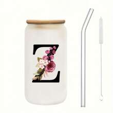 1個磨砂玻璃花卉字母A-Z咖啡杯，附竹蓋與吸管 - 16盎司 - 生日、聖誕節、感恩節送給女性、媽媽、好友、新娘、伴娘的禮物 - 辦公室與居家使用，開學季 - 字母花 - 查看 38