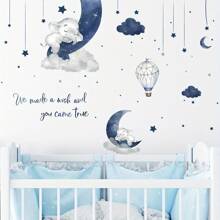BRUP Cartoon Cute Elephant Sleeping On The Moon Balloons Wall Stickers For Bedroom Living Room Nursery Decoration Wall Decals Wall Decor Room Decor Personalised Stickers