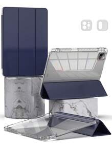 Ốp bảo vệ máy tính bảng gấp 3 lần, chống rơi, tương thích với iPad, có khe/giá đỡ bút bằng acrylic trong suốt độ truyền sáng cao - Màu tím xanh - Màu xanh hải quân - Xem 8