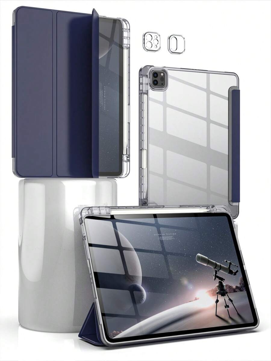 Ốp bảo vệ máy tính bảng gấp 3 lần, chống rơi, tương thích với iPad, có khe/giá đỡ bút bằng acrylic trong suốt độ truyền sáng cao - Màu tím xanh