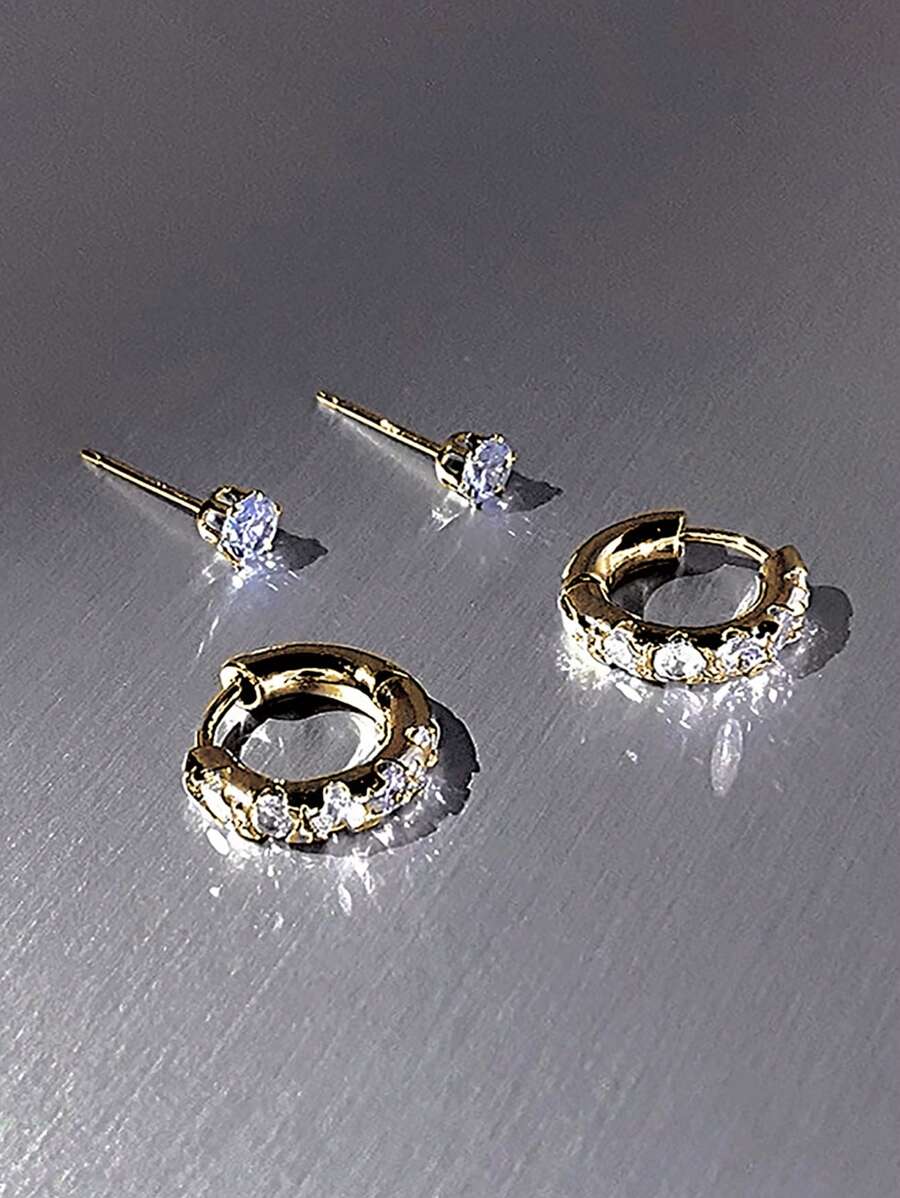 2pairs Fashionable Minimalist Copper With Cubic Zirconia Women's Delicate Small Earrings Set - Yellow Gold - View 1