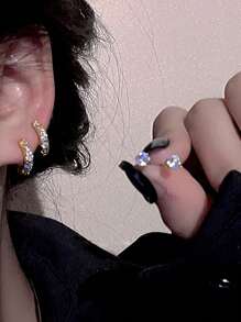 2pairs Fashionable Minimalist Copper With Cubic Zirconia Women's Delicate Small Earrings Set - Yellow Gold - View 2
