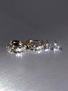 2pairs Fashionable Minimalist Copper With Cubic Zirconia Women's Delicate Small Earrings Set - Yellow Gold - View 4